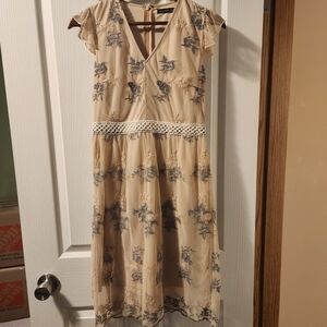 Maurices Beige Midi Dress with Blue Floral Embroidery